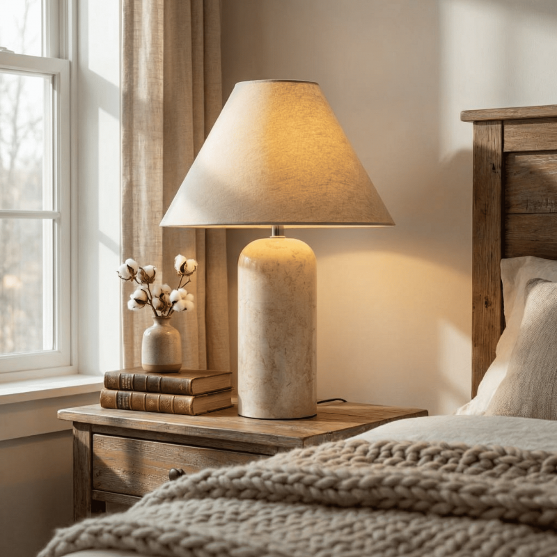 Hamlin Modern Linen & Travertine Cylindrical Table Lamp