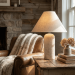 Hamlin Modern Linen & Travertine Cylindrical Table Lamp