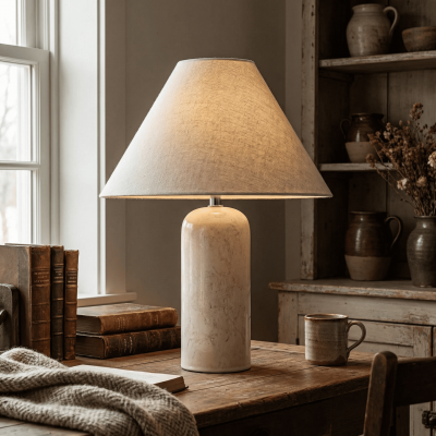 Hamlin Modern Linen & Travertine Cylindrical Table Lamp