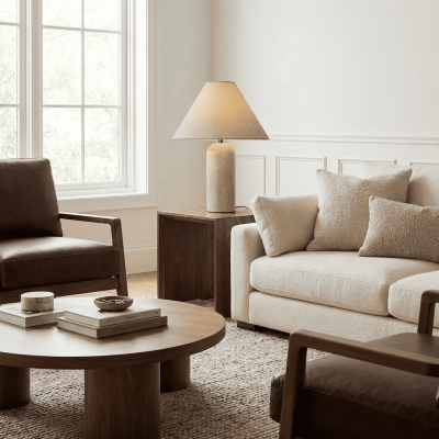 Hamlin Modern Linen & Travertine Cylindrical Table Lamp