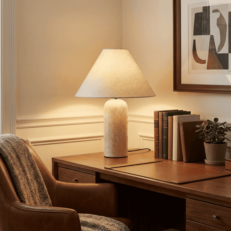 Hamlin Modern Linen & Travertine Cylindrical Table Lamp