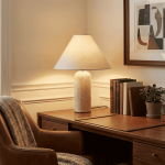 Hamlin Modern Linen & Travertine Cylindrical Table Lamp