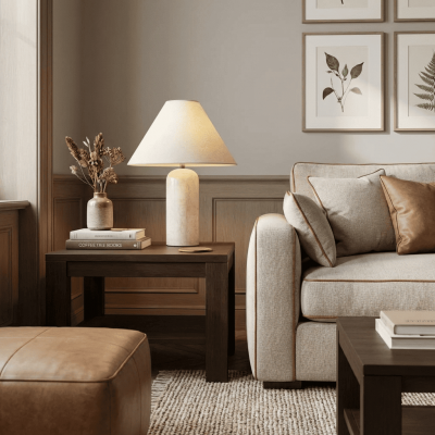 Hamlin Modern Linen & Travertine Cylindrical Table Lamp