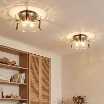 Ozu Modern Water Ripple Glass Drum Flush Mount Light