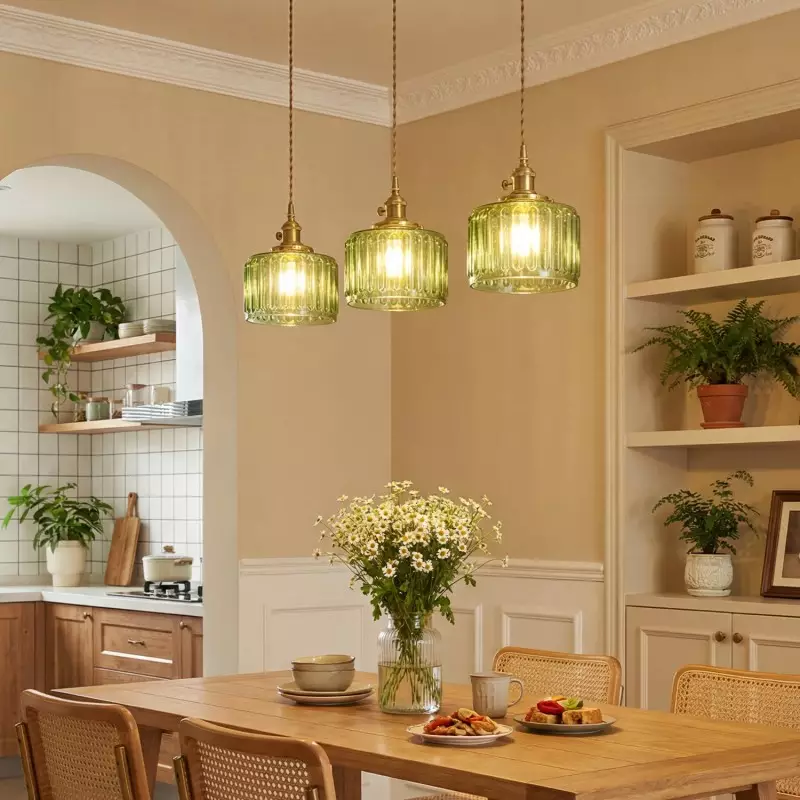 Zavier Vintage Cylinder Wave Pattern Glass Shade Pendant Chandelier