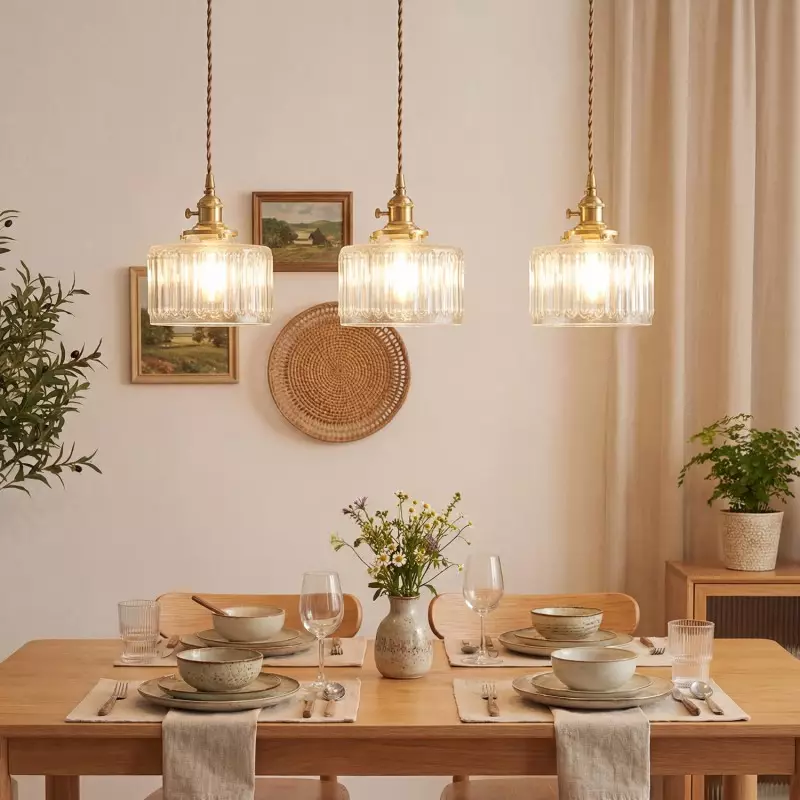 Zavier Vintage Cylinder Wave Pattern Glass Shade Pendant Chandelier