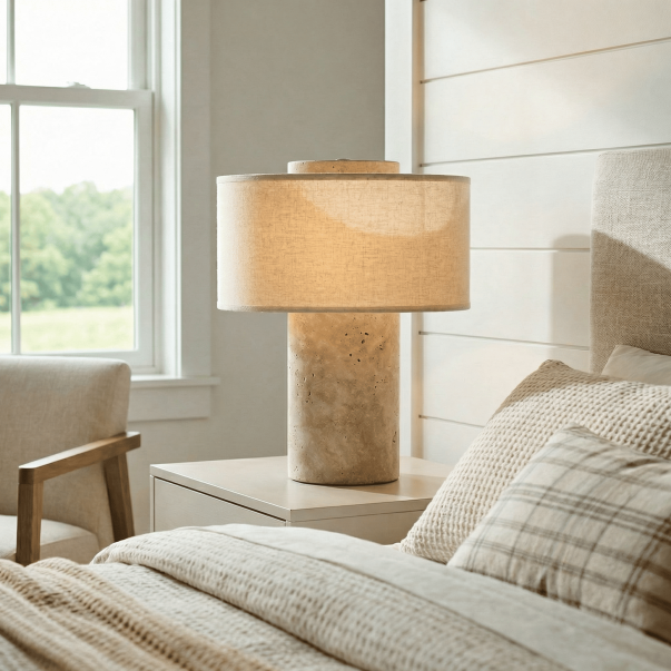 Ilona Modern Travertine Fabric Shade Table Lamp