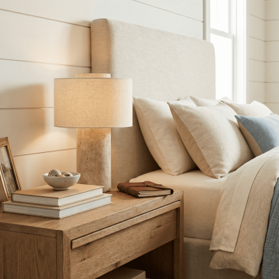 Ilona Modern Travertine Fabric Shade Table Lamp