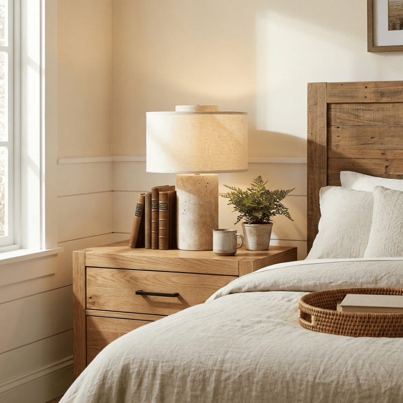 Ilona Modern Travertine Fabric Shade Table Lamp