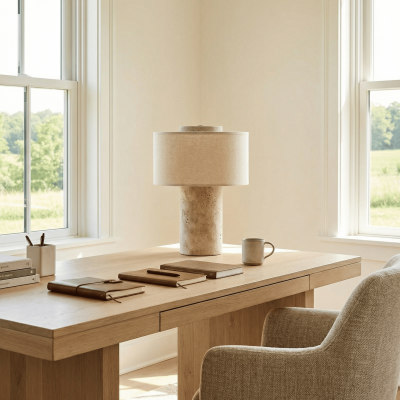 Ilona Modern Travertine Fabric Shade Table Lamp