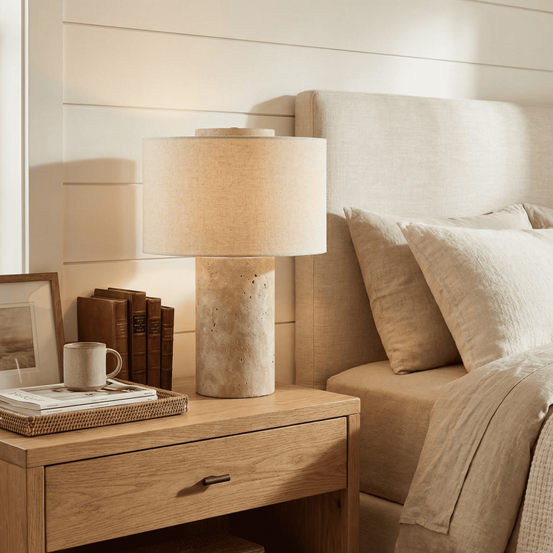 Ilona Modern Travertine Fabric Shade Table Lamp