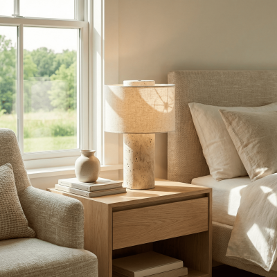 Ilona Modern Travertine Fabric Shade Table Lamp