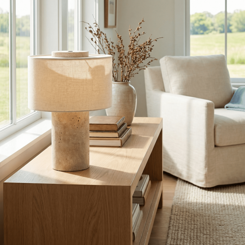Ilona Modern Travertine Fabric Shade Table Lamp