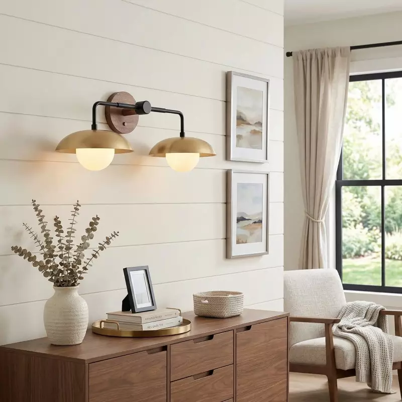 Katya Minimalist Wood Metal Double Dome Wall Sconce