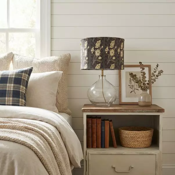 Waylon Vintage Floral Drum Shade Clear Glass Table Lamp