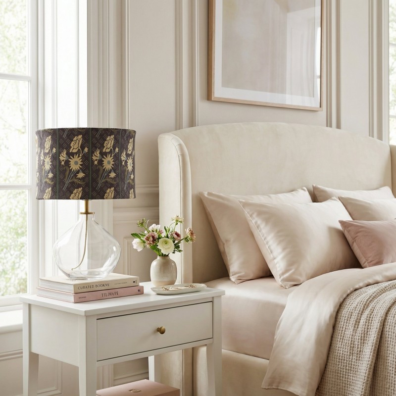 Waylon Vintage Floral Drum Shade Clear Glass Table Lamp