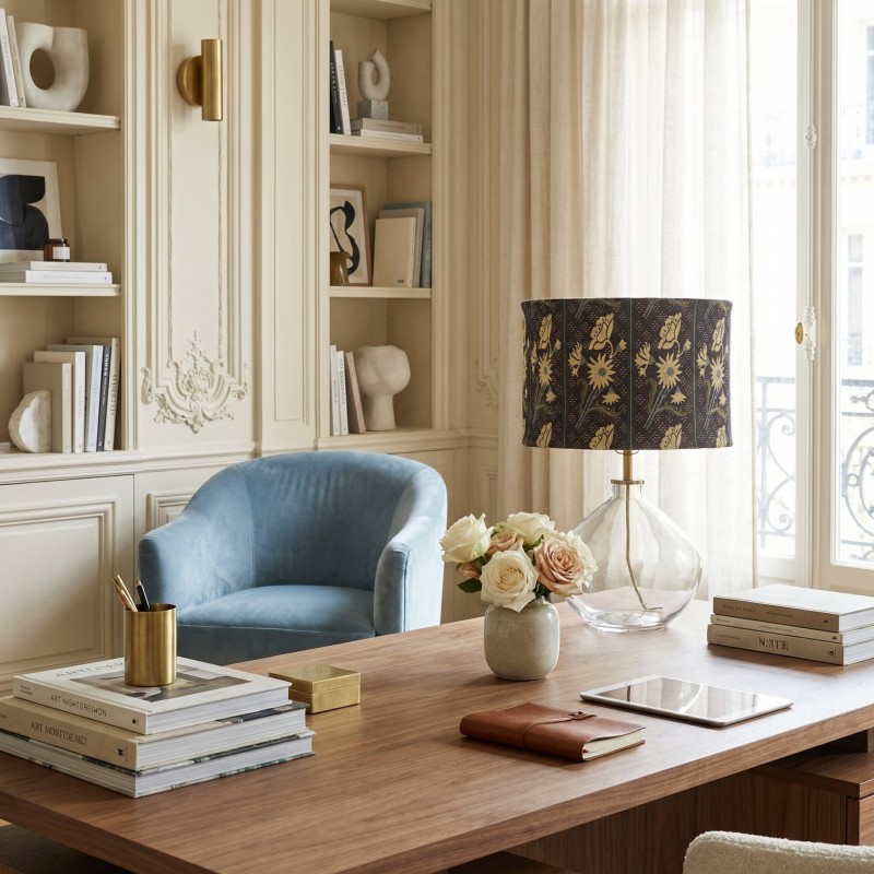 Waylon Vintage Floral Drum Shade Clear Glass Table Lamp