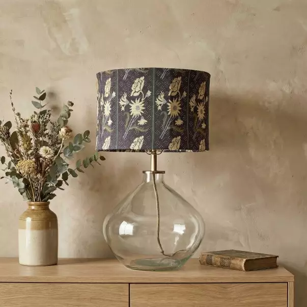 Waylon Vintage Floral Drum Shade Clear Glass Table Lamp