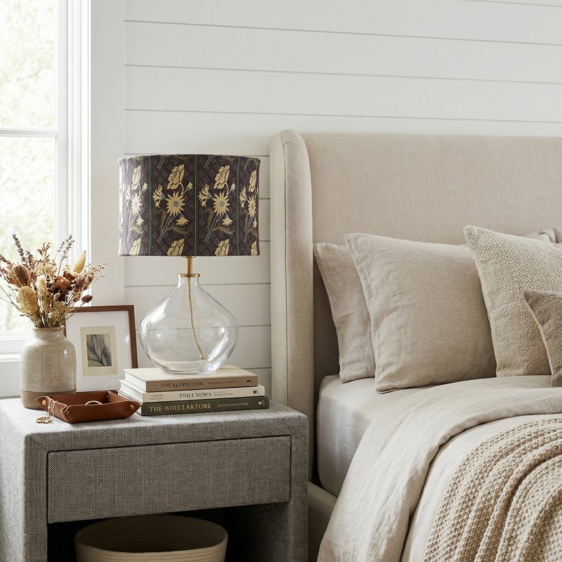 Waylon Vintage Floral Drum Shade Clear Glass Table Lamp