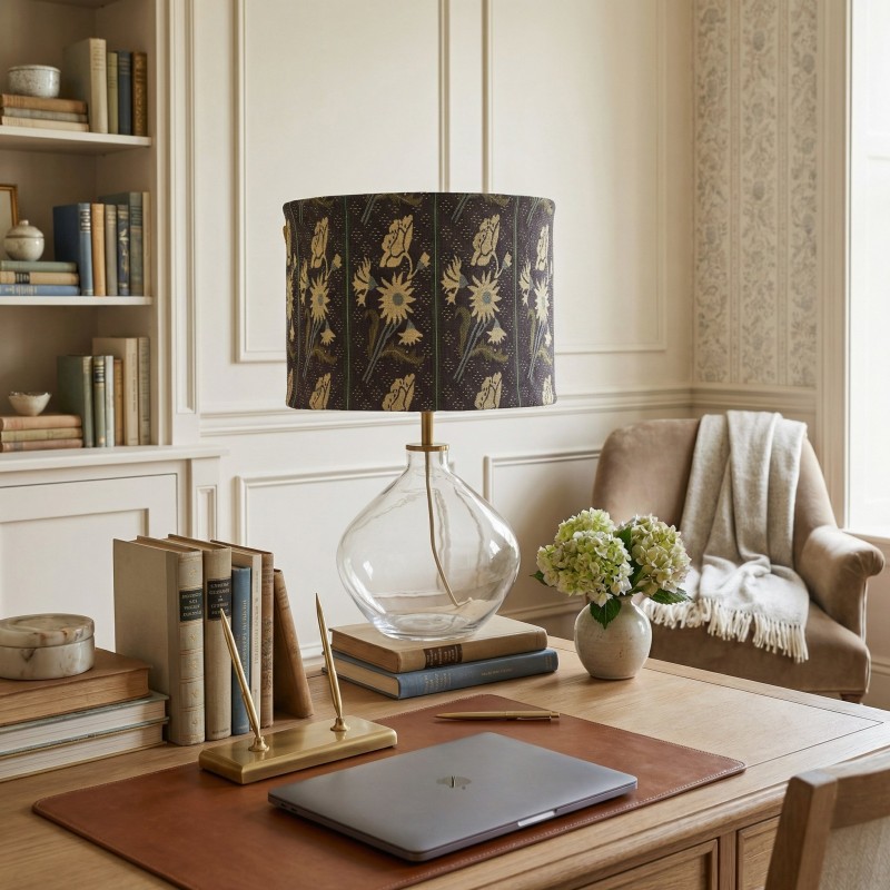 Waylon Vintage Floral Drum Shade Clear Glass Table Lamp