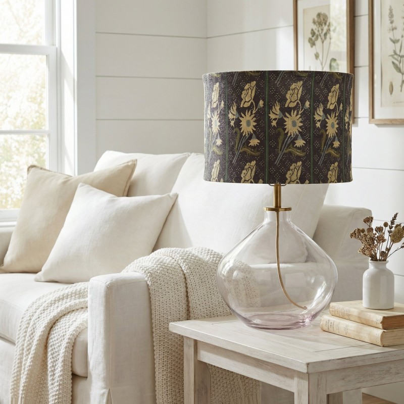 Waylon Vintage Floral Drum Shade Clear Glass Table Lamp