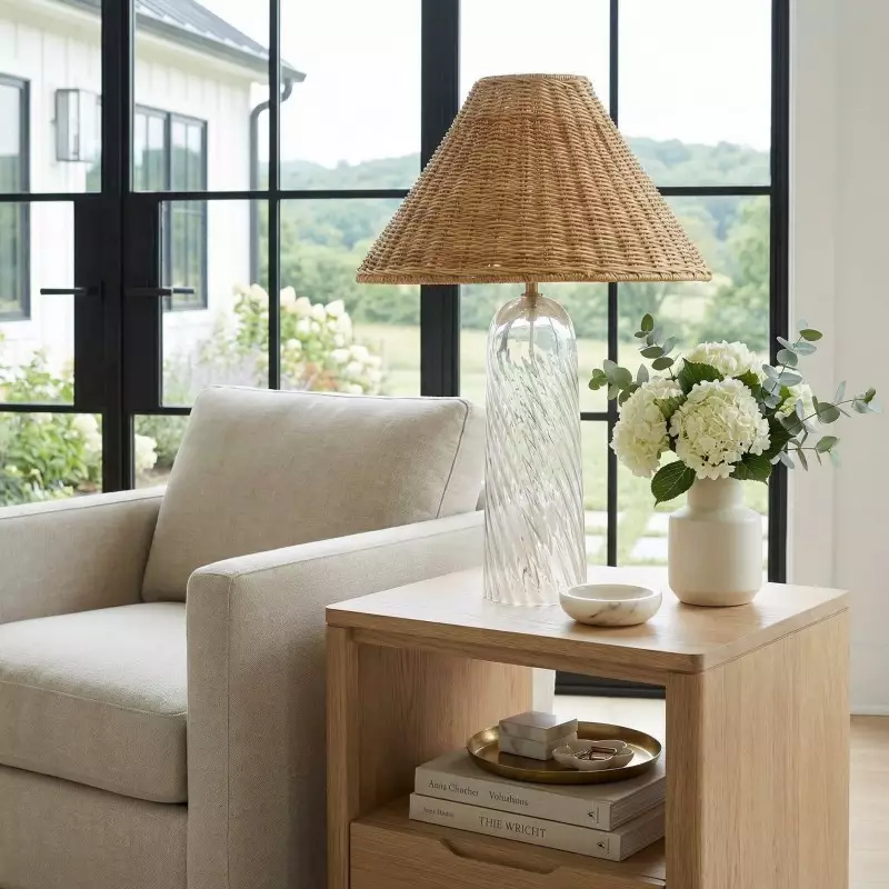 Gunner Boho Natural Rattan & Clear Glass Cylindrical Table Lamp