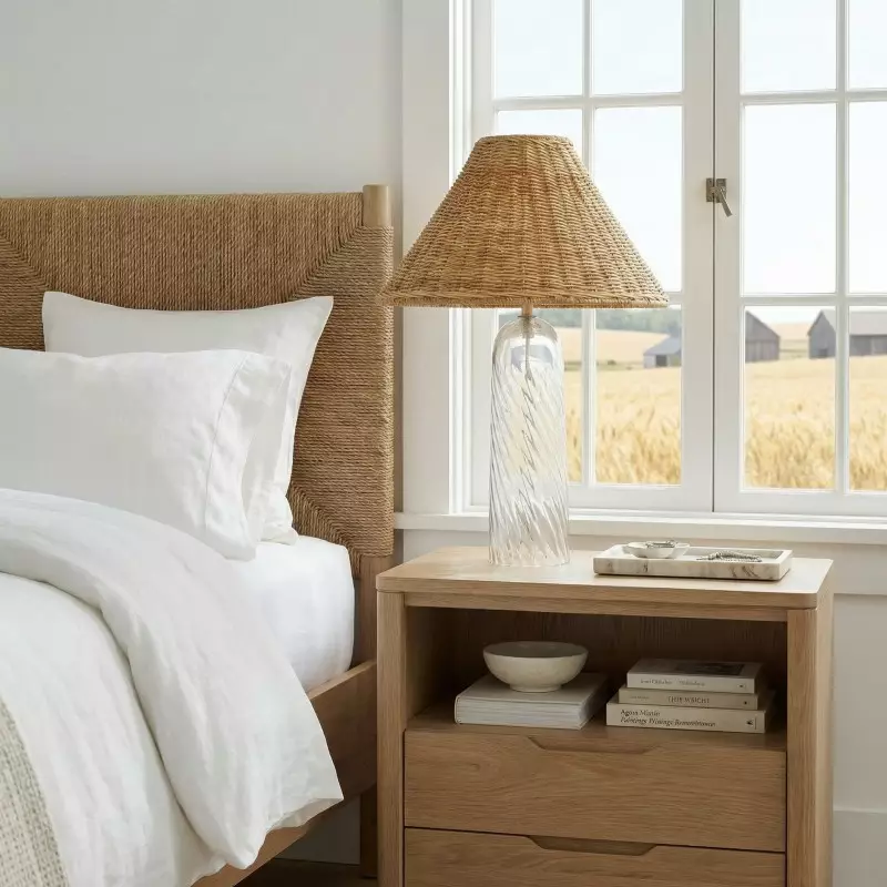 Gunner Boho Natural Rattan & Clear Glass Cylindrical Table Lamp