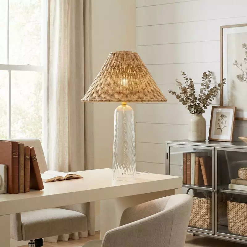 Gunner Boho Natural Rattan & Clear Glass Cylindrical Table Lamp