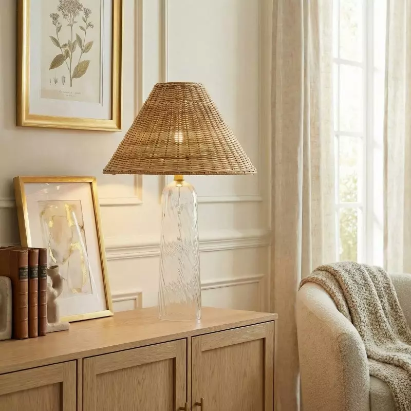 Gunner Boho Natural Rattan & Clear Glass Cylindrical Table Lamp