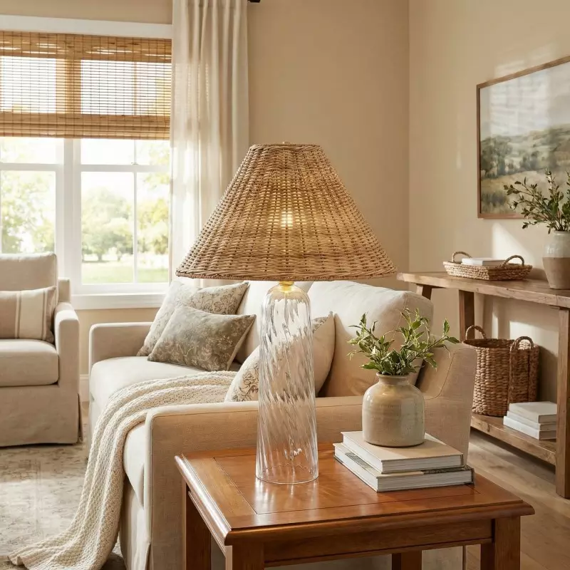 Gunner Boho Natural Rattan & Clear Glass Cylindrical Table Lamp