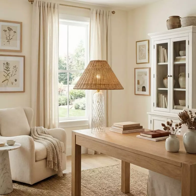 Gunner Boho Natural Rattan & Clear Glass Cylindrical Table Lamp