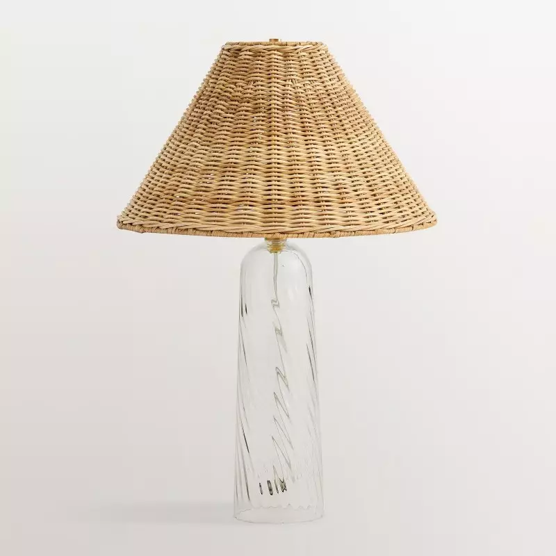 Gunner Boho Natural Rattan & Clear Glass Cylindrical Table Lamp