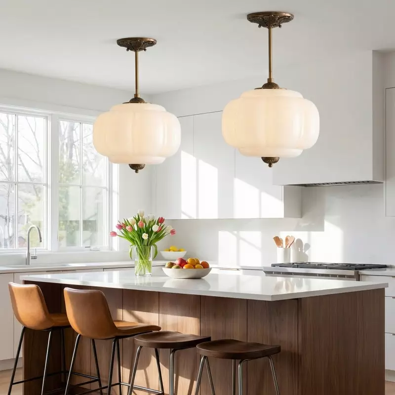 Vortan Antique Brass Green Glass Semi-Flush Mount Eloise Pendant Lamp