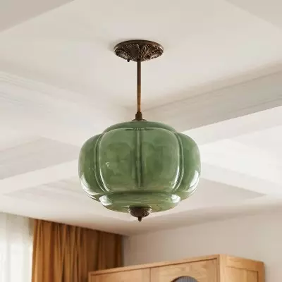 Vortan Antique Brass Green Glass Semi-Flush Mount Eloise Pendant Lamp