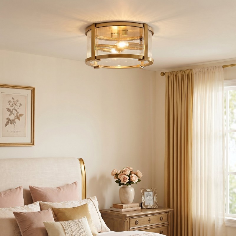 Gillen Vintage Ribbed Glass Drum Flush Mount Ceiling Light