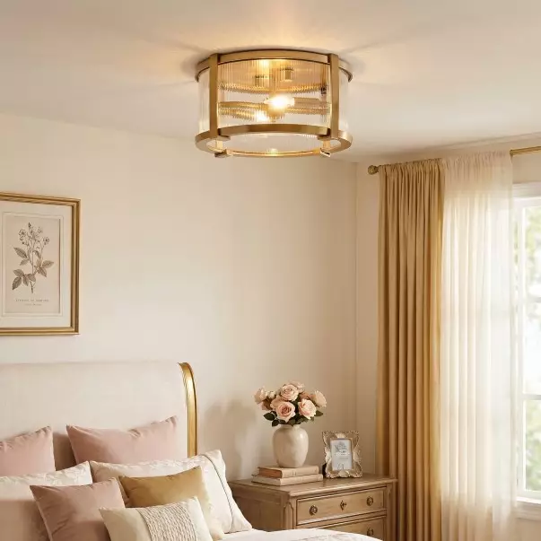 Gillen Vintage Ribbed Glass Drum Flush Mount Ceiling Light