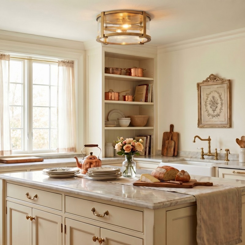 Gillen Vintage Ribbed Glass Drum Flush Mount Ceiling Light