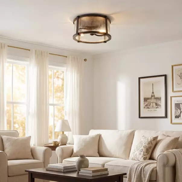 Gillen Vintage Ribbed Glass Drum Flush Mount Ceiling Light