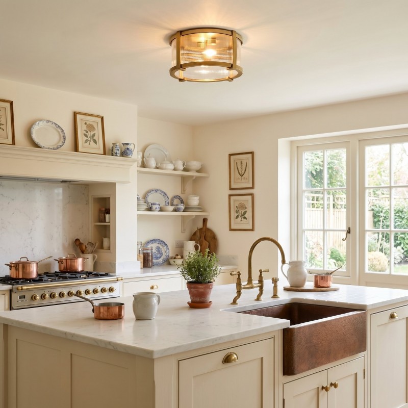 Gillen Vintage Ribbed Glass Drum Flush Mount Ceiling Light