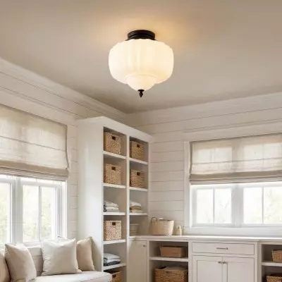 Elyndor White Milk Glass Pumpkin Flush Mount Schoolhouse Light