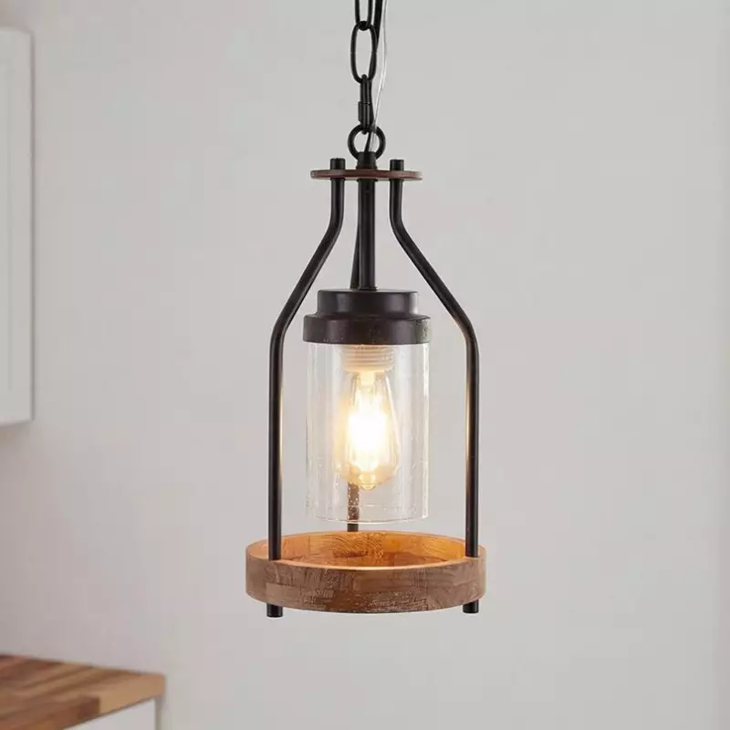 Doran Farmhouse Black Cage Cylinder Glass Pendant Light