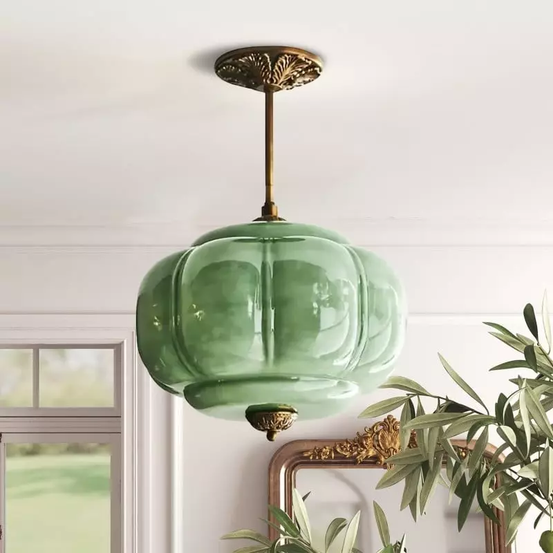 Vortan Antique Brass Green Glass Semi-Flush Mount Eloise Pendant Lamp