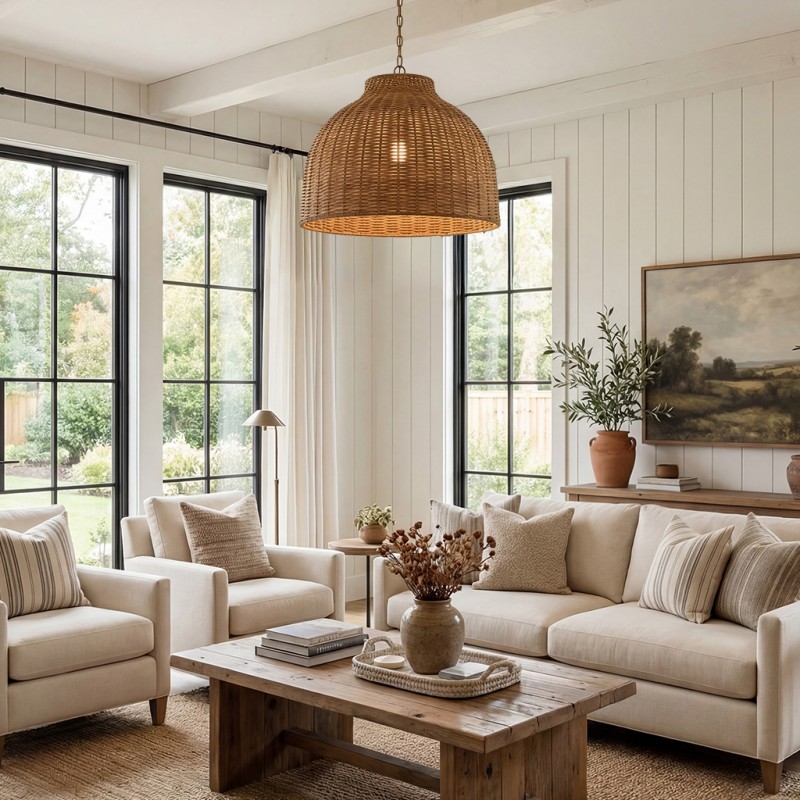 Jirax Farmhouse Rattan Dome Pendant Light