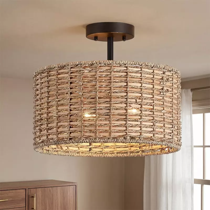 Lannister Coastal 2-Light Semi-Flush Mount Ceiling Light with Hand Woven Drum Shade for Bedroom