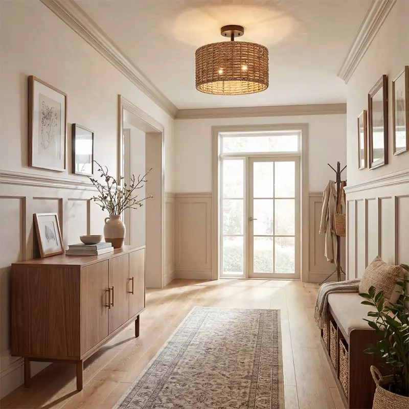 Lannister Coastal 2-Light Semi-Flush Mount Ceiling Light with Hand Woven Drum Shade for Bedroom