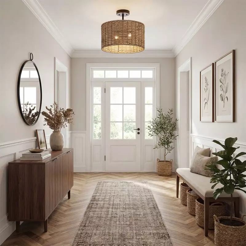 Lannister Coastal 2-Light Semi-Flush Mount Ceiling Light with Hand Woven Drum Shade for Bedroom