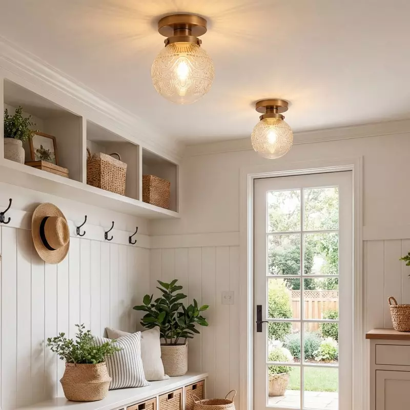 Ixionis Vintage Engraved Pattern Globe Glass Flush Mount Ceiling Light