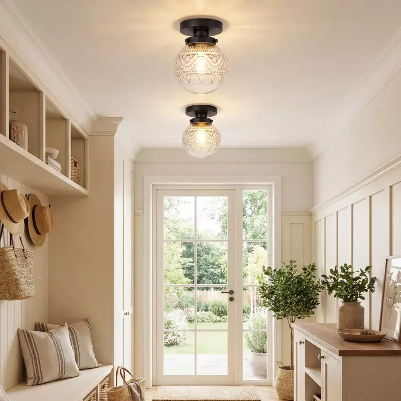 Ixionis Vintage Engraved Pattern Globe Glass Flush Mount Ceiling Light