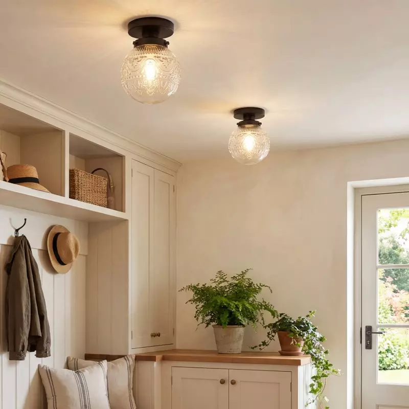 Ixionis Vintage Engraved Pattern Globe Glass Flush Mount Ceiling Light