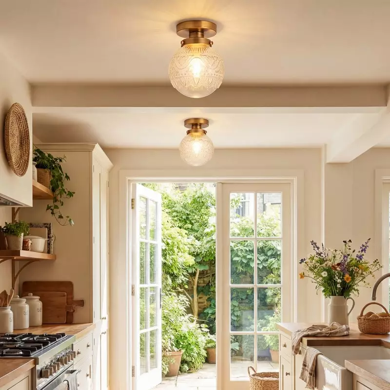 Ixionis Vintage Engraved Pattern Globe Glass Flush Mount Ceiling Light